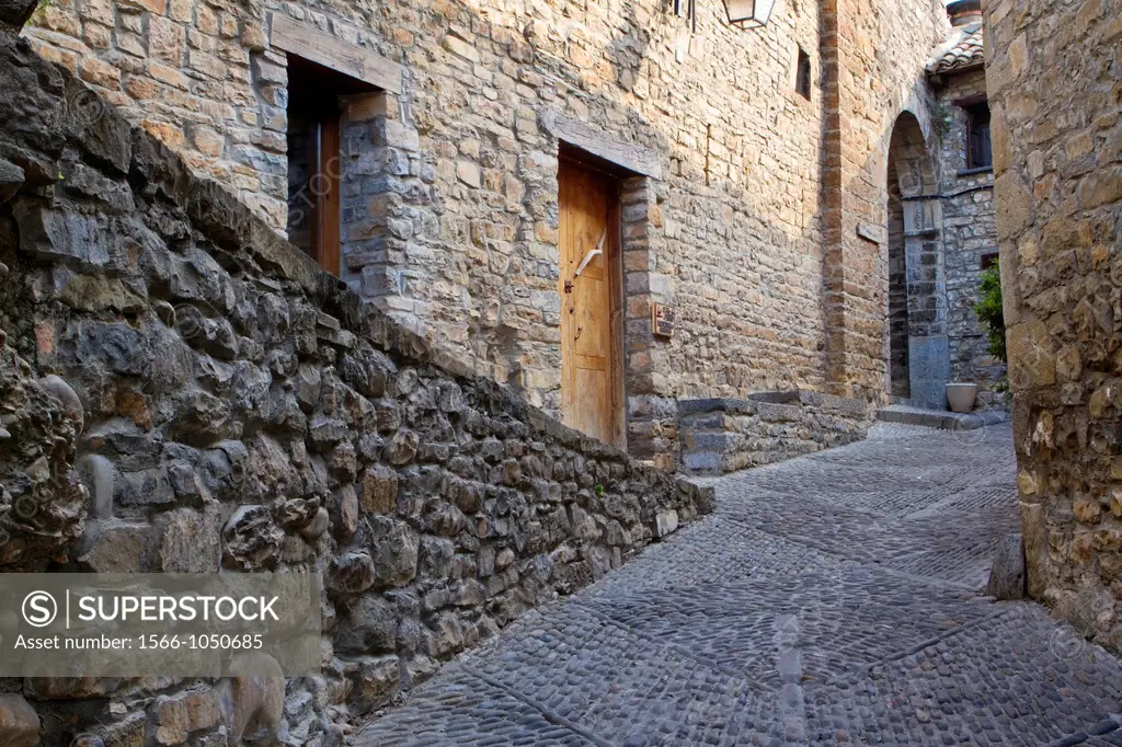 Detail of a street of medieval Aínsa village, in Sobrarbe region, declarated Historical-Artistic Site  Huesca, Aragón, Spain
