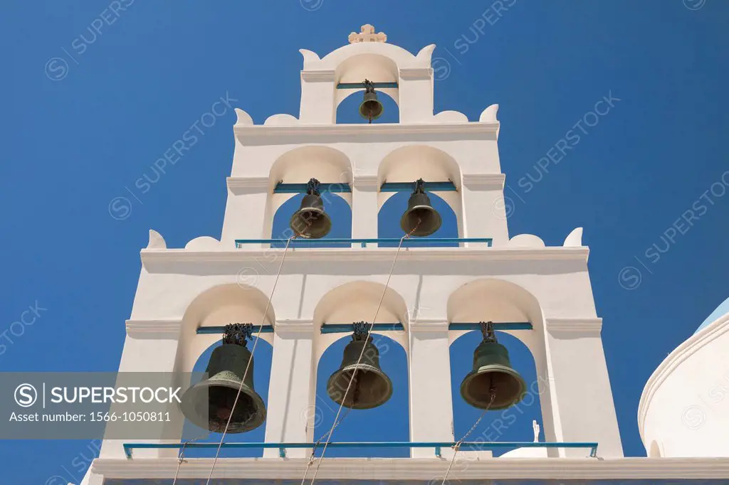 Bell tower of Panagia Platsani Church, Caldera Square, Oia, Santorini, Greece