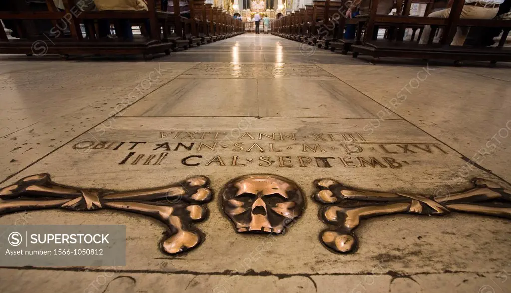 Skull, Crossbones, Santa Maria del Popolo Augustinian church, Piazza del Popolo, Rome, Italy.