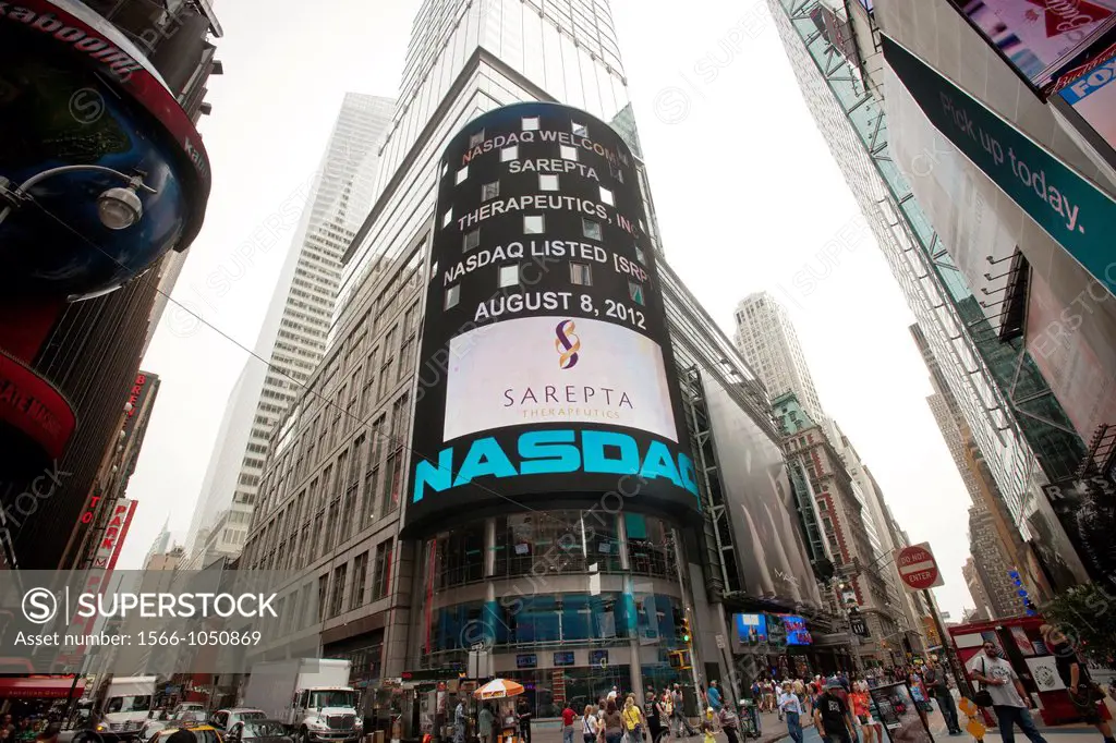 The electronic display of the NASDAQ stock exchange in New York welcomes Sarepta Therapeutics, Inc SRPT