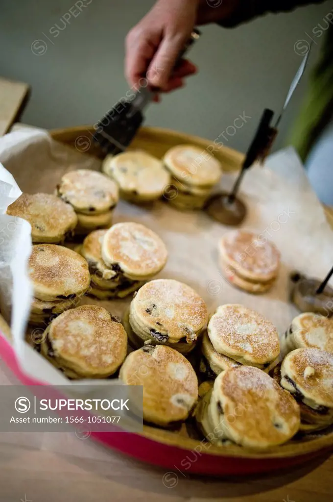Typical Welsh cakes in the Fabulous pastry shop, Cardiff Bay, Cardiff, Wales, UK