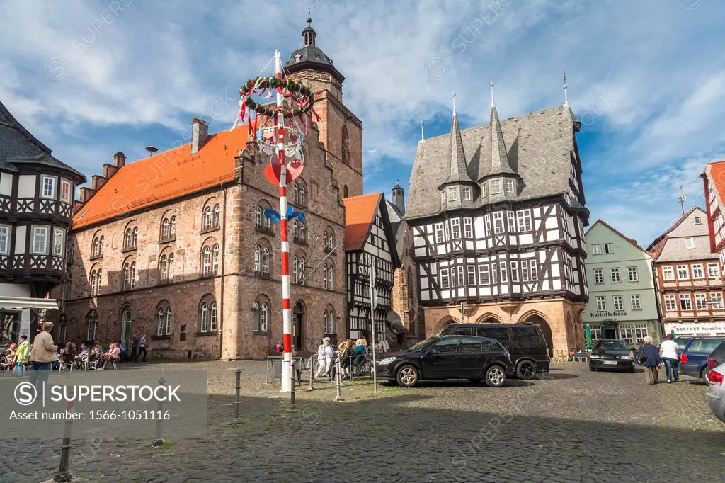 The picturesque market square with city hall in Alsfeld on the German Fairy Tale Route, Hesse, Germany, Europe