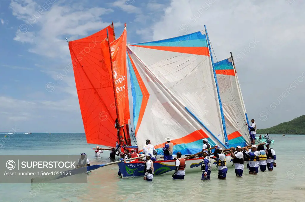 skiffs at the start, Yoles Festival, Sainte-Anne Bay, Martinique, french island overseas region and department in the Lesser Antilles in the eastern C...