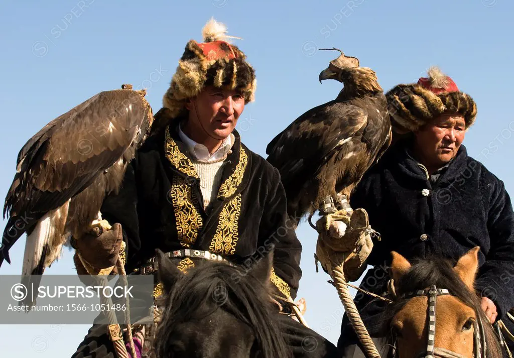 Kazakh eagle hunters and their golden eagle in the Altai Region of Bayan-Ölgii in Western Mongolia