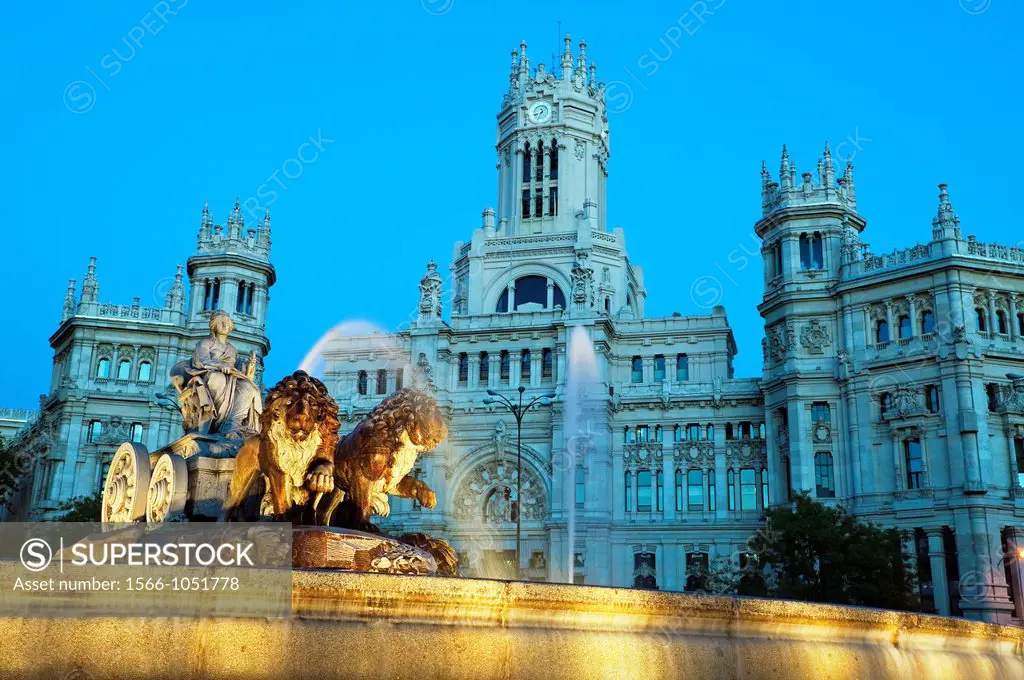 La Cibeles Fountain, Plaza de Cibeles, and Palacio de Comunicaciones, Madrid, Spain.