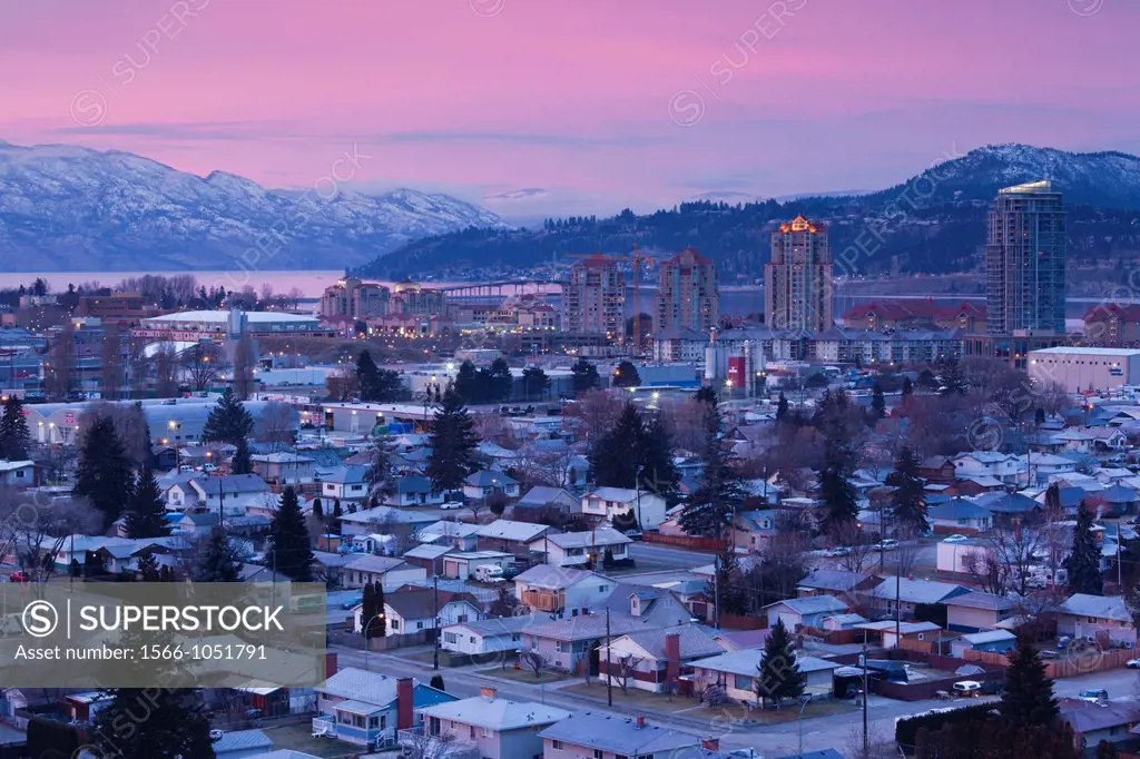 Canada, British Columbia, Okanagan Valley, Kelowna, elevated town view, dawn, winter