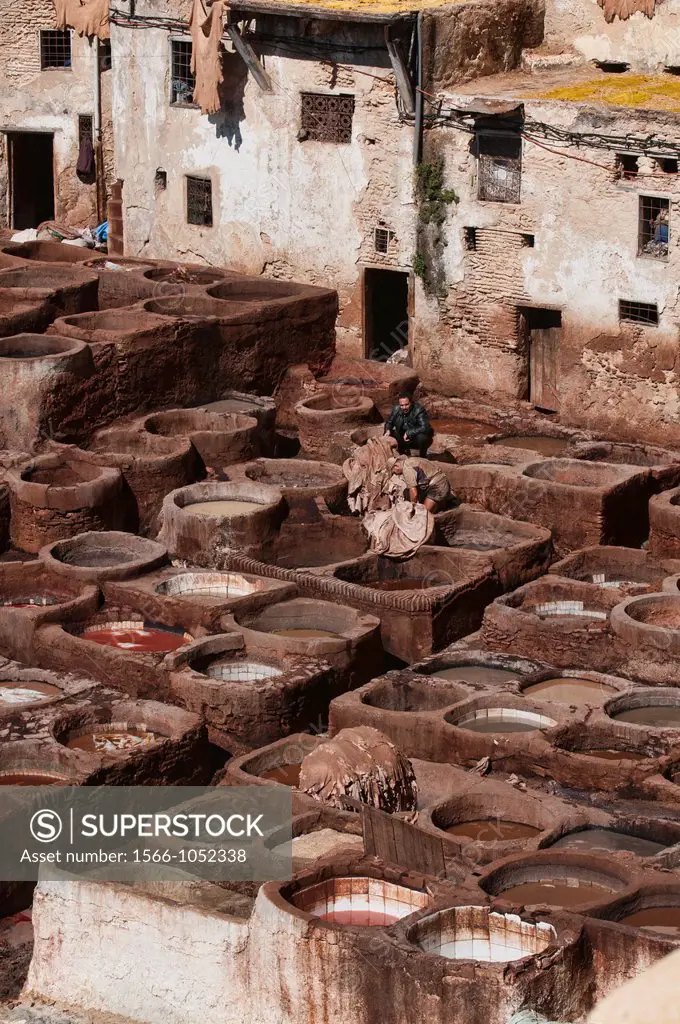 the thousand year old leather tanneries in the ancient medina of Fes, Morocco