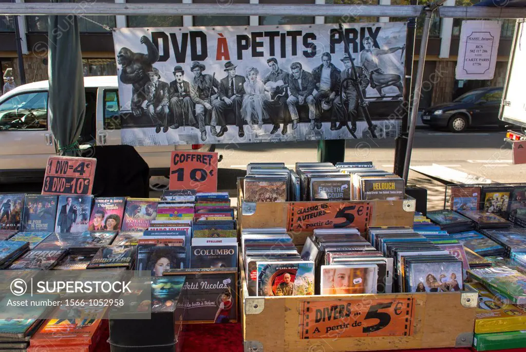 Paris, France, Used DVD´s On Sale in Sidewalk Stall in Outdoor Market