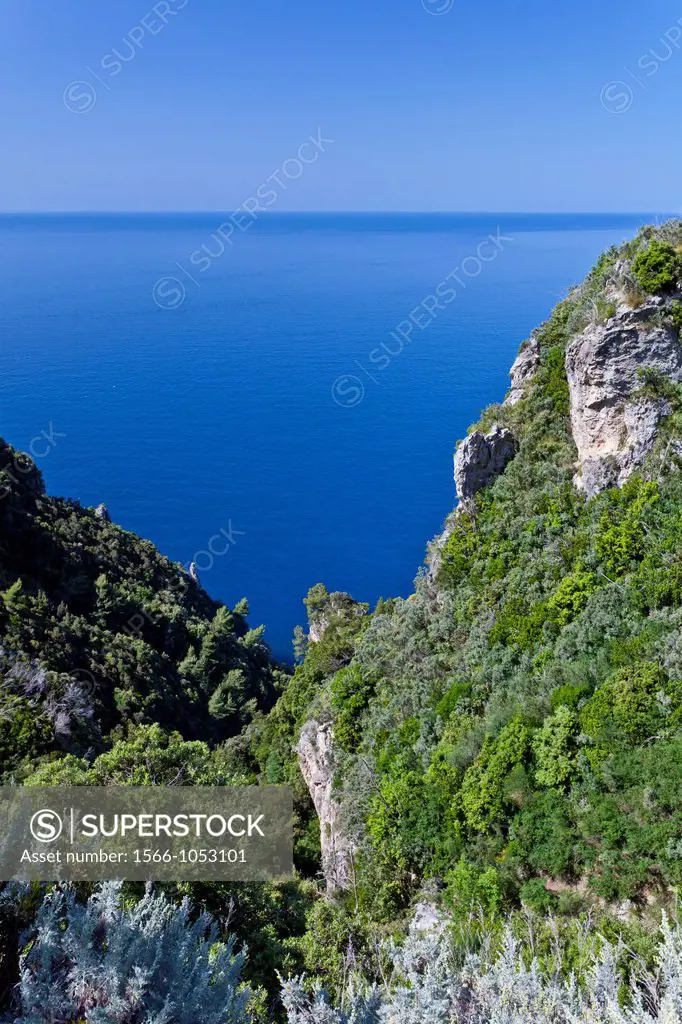A view of the rugged coastline of the Amalfi coast and the Gulf of Salerno, Italy