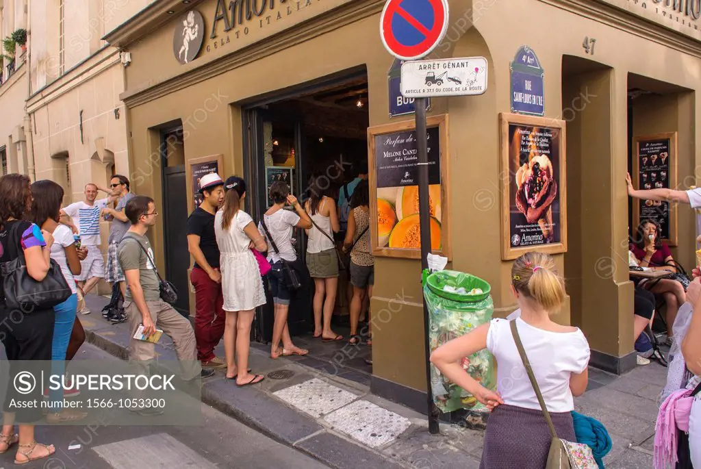 Paris, France, People Queuing for Ice Cream on a Hot day on a Street on the Ile Saint Louis