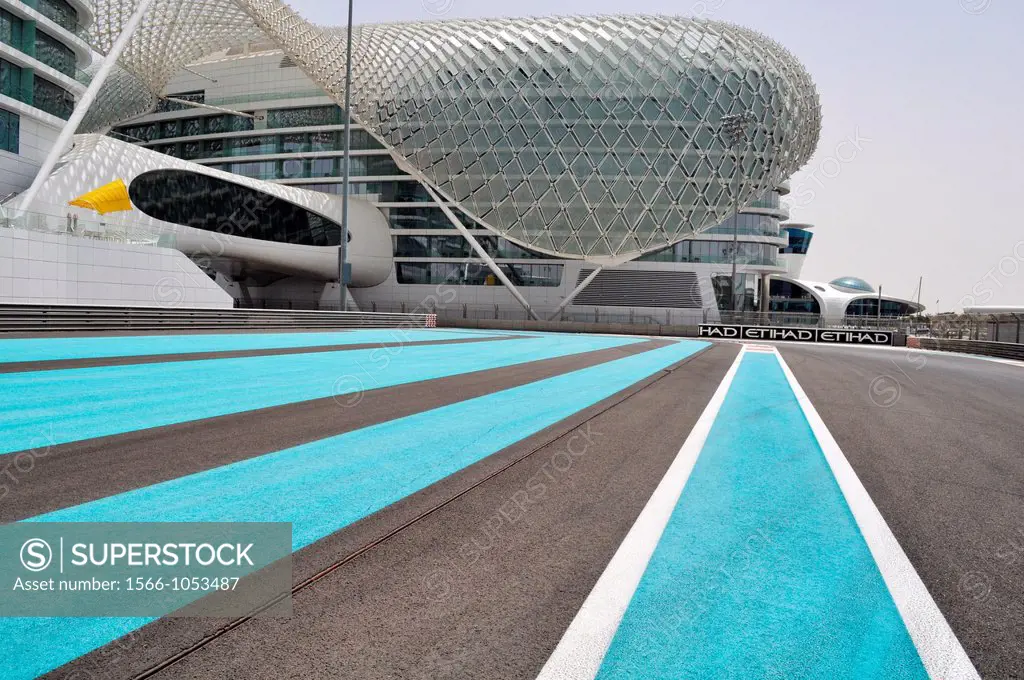 Abu Dhabi, United Arab Emirates: the Formula One Yas Marina Circuit, at Yas Island, with the Viceroy Hotel on the background