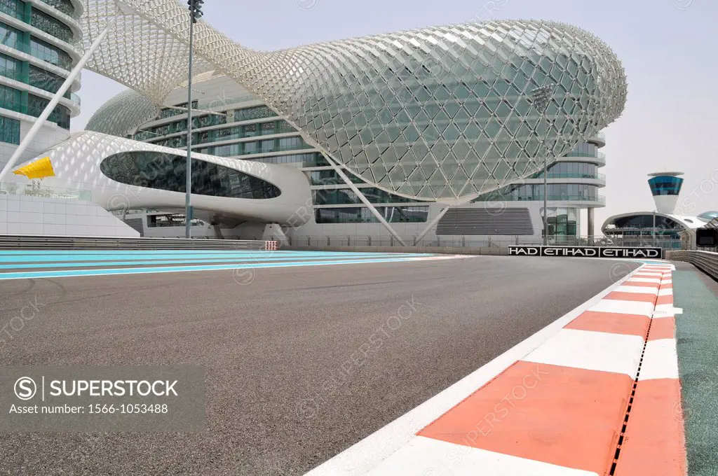 Abu Dhabi, United Arab Emirates: the Formula One Yas Marina Circuit, at Yas Island, with the Viceroy Hotel on the background  