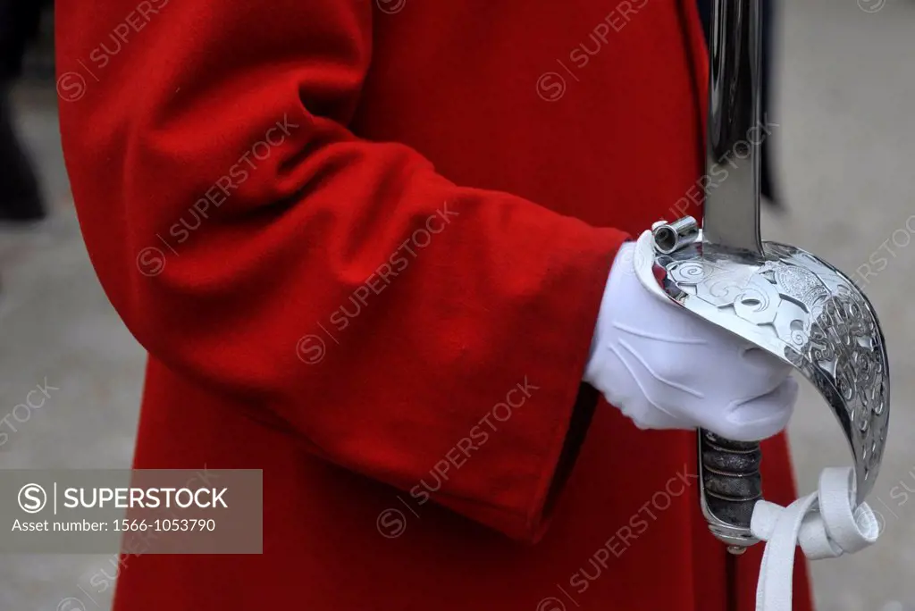 A Royal Guard of the household calvary,detail of hand and sword ,London,England,United Kingdom,Queen´Guard