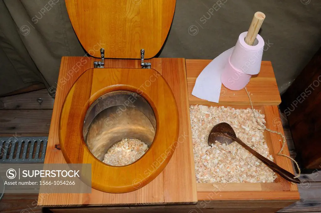 Ecological dry toilet with sawdust compost in lodge tent, Rhodes animal´s park, Moselle, Lorraine region, France, Europe