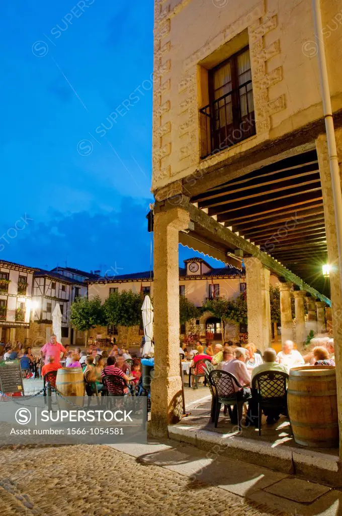 Main Square, night view. Covarrubias, Burgos province, Castilla Leon, Spain.