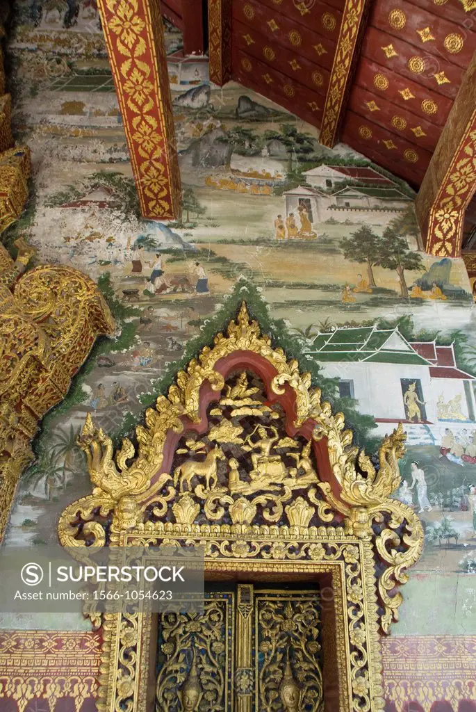 Temple door with murals, Wat Paphaimsaiyaram, Luang Prabang, Laos