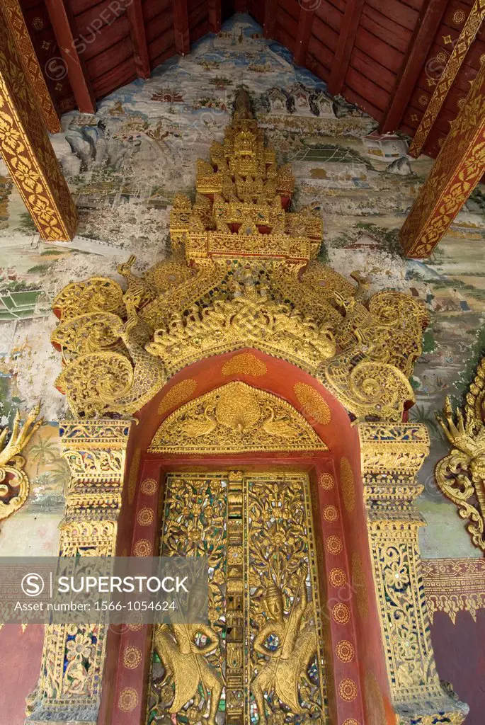 Temple door with murals, Wat Paphaimsaiyaram, Luang Prabang, Laos