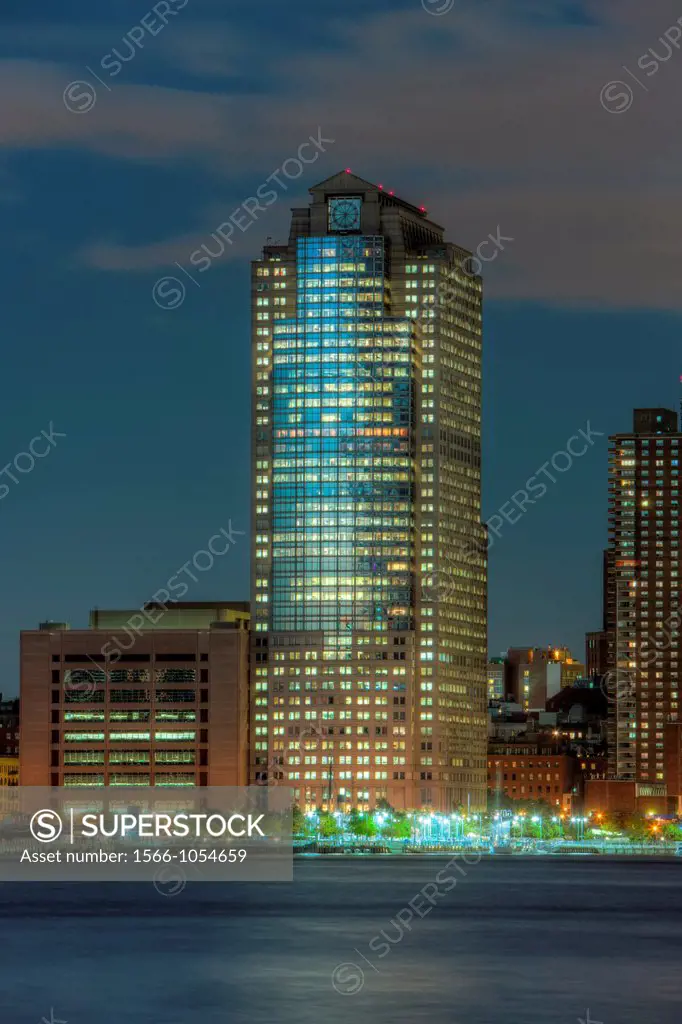 The skyscraper at 388 Greenwich Street in New York City originally called the Shearson Lehman Plaza illuminated during evening twilight as viewed over...