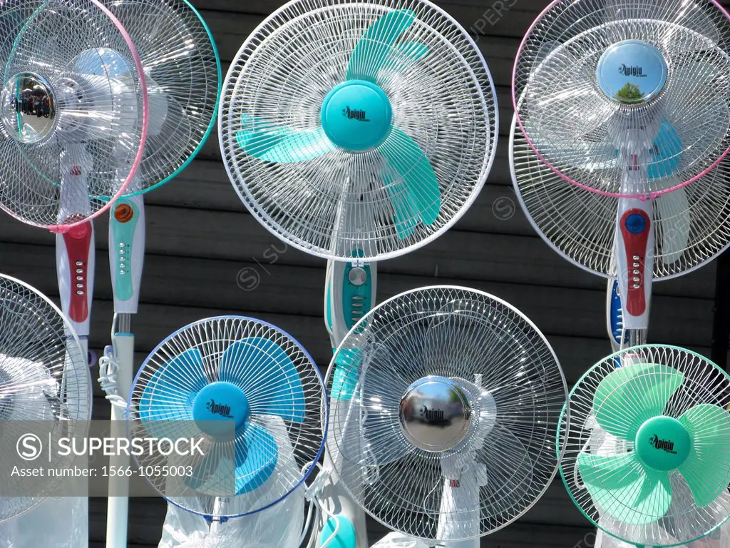 ventilation fans in shop market stall stand outdoors