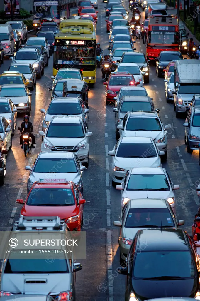 Heavy traffic seen from above at twilight, Bangkok, Thailand, Southeast Asia