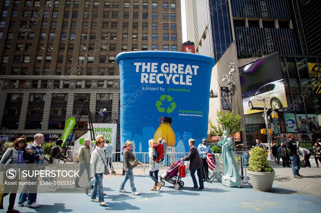 A thirty foot tall inflatable recycling bin part of the launch of The Great Recycle campaign seen in Times Square in New York Items collected will be ...