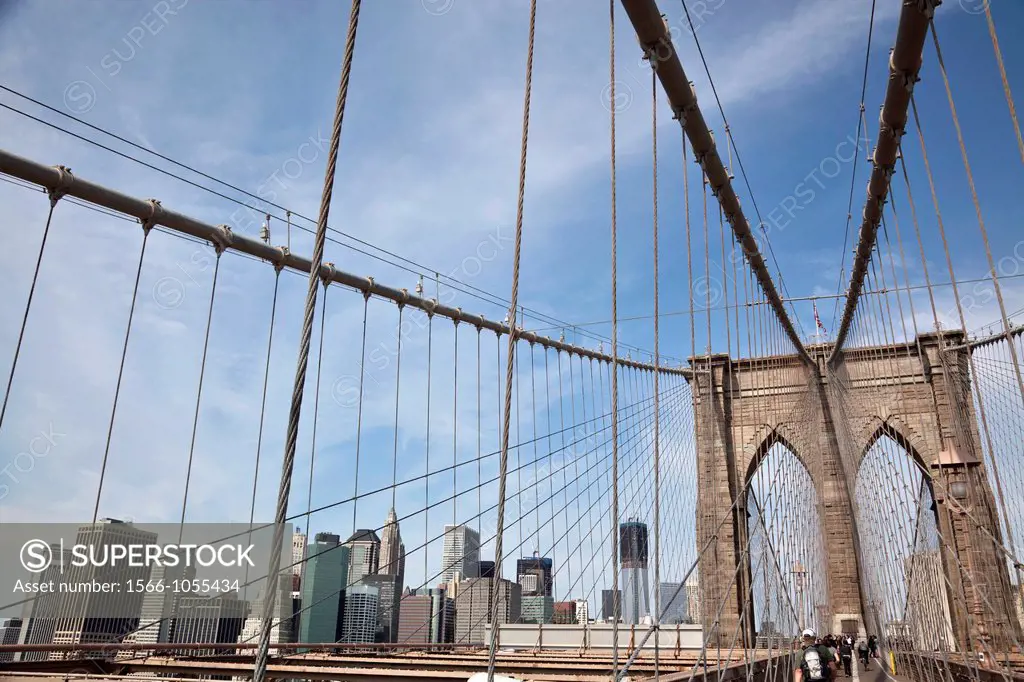 Brooklyn Bridge with Financial District in the background, New York City, United States of America