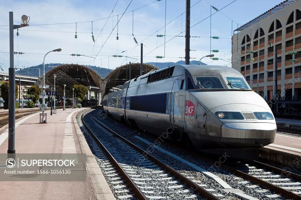 High speed French train stopped at Nice railway station, France