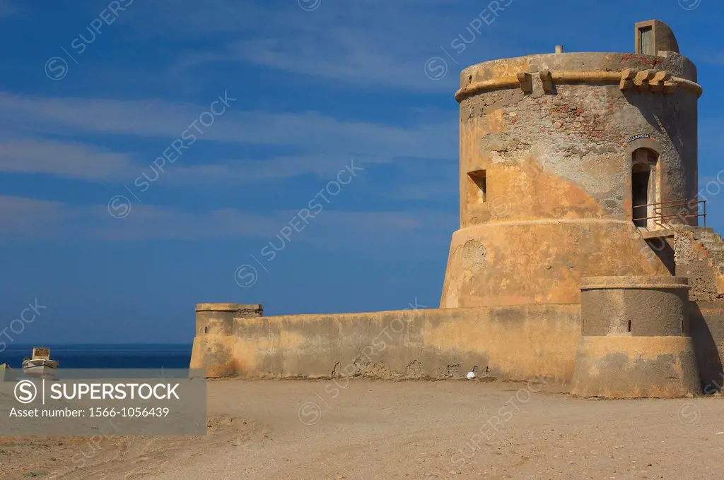 San Miguel de Cabo de Gata, Old military Watchtower, Beach, Cabo de Gata-Nijar Natural Park, Almeria, Spain, Europe.