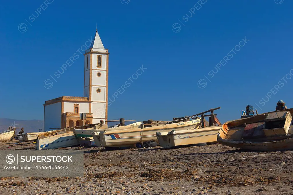 Cabo de Gata, Almadraba de Monteleva, San Miguel Church, Fishing boat, Beach, Cabo de Gata-Nijar Natural Park, Almeria, Spain, Europe