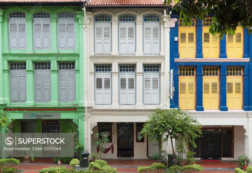 Renovated brightly painted terraced shophouses in Chinatown, Singapore