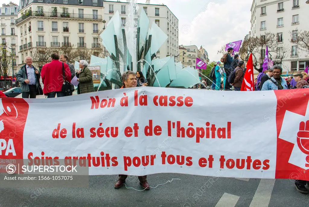 Paris, France, French Hospital Personal Protest, Health and Social Issues , Female Nurse of NED, holding Banner, ´No to the Dismantlement of Public He...