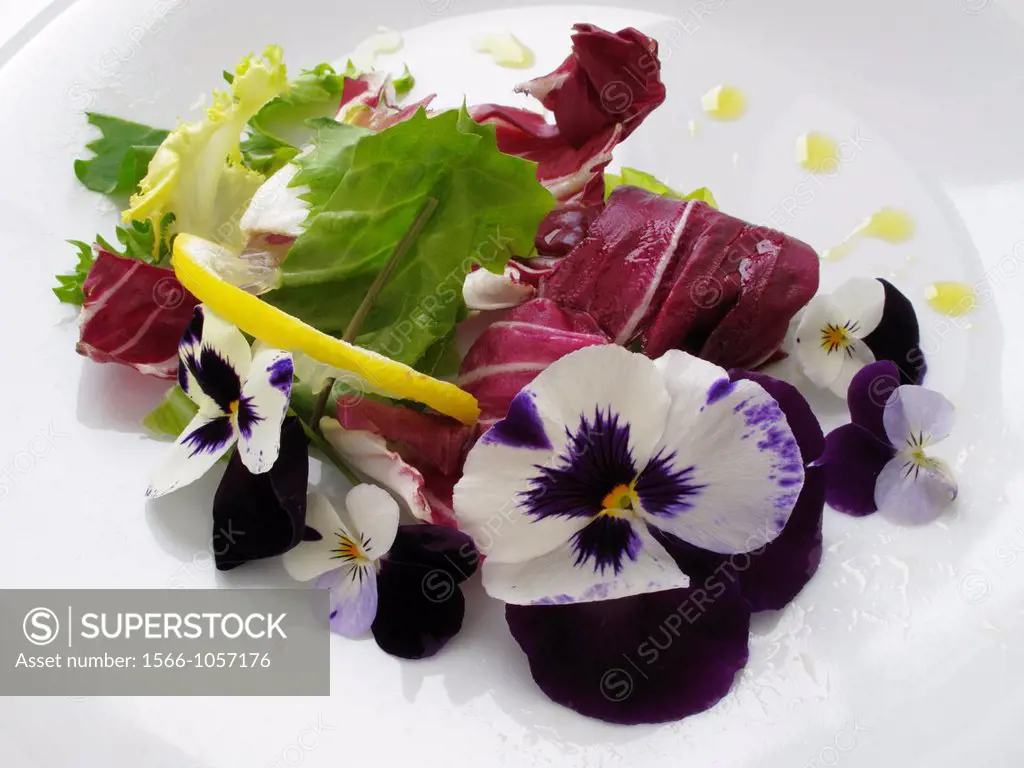 Salad of vegetables mixed with purple flowers