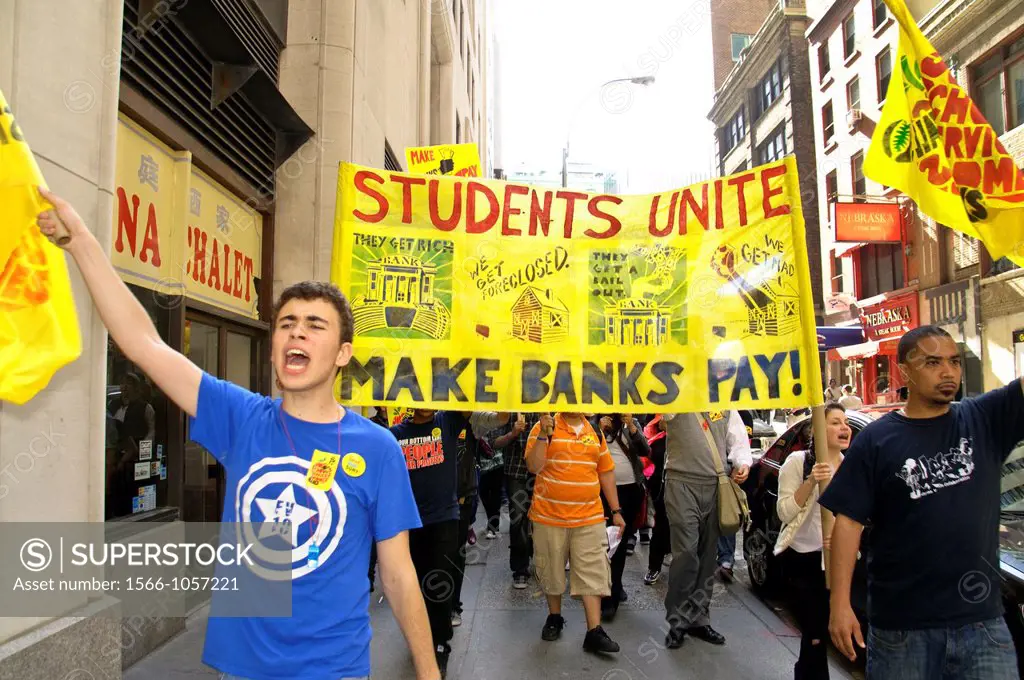May 12, 2011, Financial District Wall Street vicinity, New York City, a protest against big banks, war, racial discrimination and in favor of more mon...