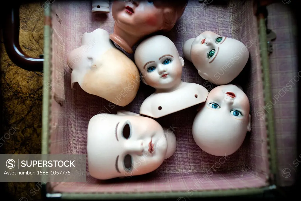 many porcelain heads together in a suitcase