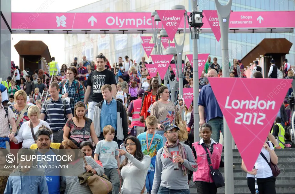 Crowds outside the Olympic Park complex, Stratford, London, UK
