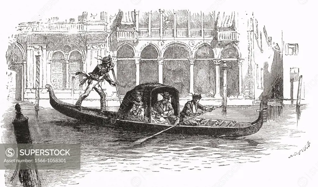A Gondola transporting passengers on the Grand Canal, Venice, Italy in the late 19th century  From Italian Pictures published 1895