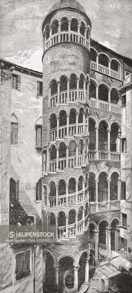 The famous staircase, the Scala Contarini del Bovolo, on the exterior of The Palazzo Contarini del Bovolo, Venice, Italy, in the late 19th century  Fr...