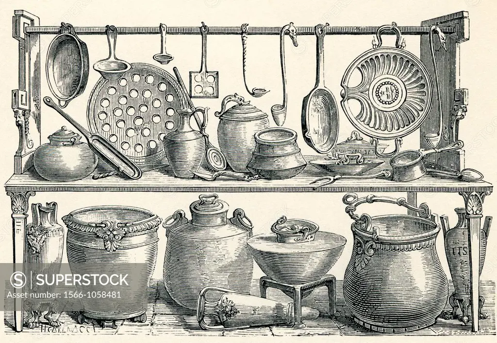 Cooking utensils found in Pompeii during excavations  From Italian Pictures by Rev  Samuel Manning, published c 1890