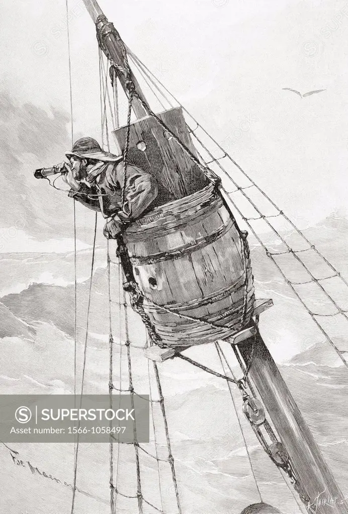 The lookout on top of the mast of a whaler in the late 19th century  From L´Illustration published 1897