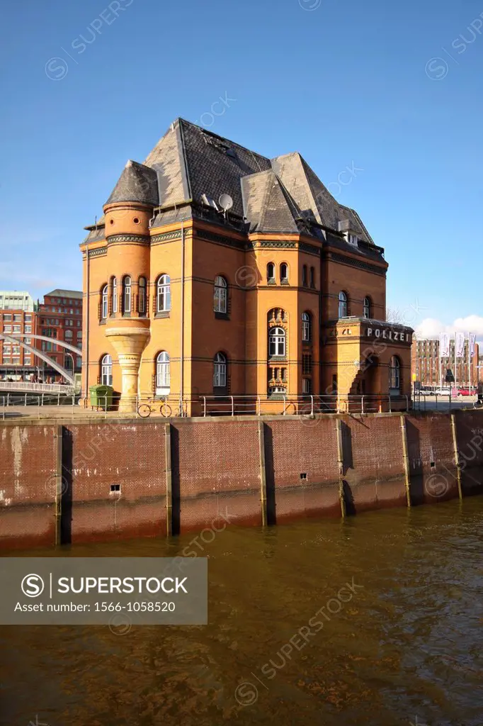 View of the old police station at the Kehrwiederspitze in the port of Hamburg, Germany