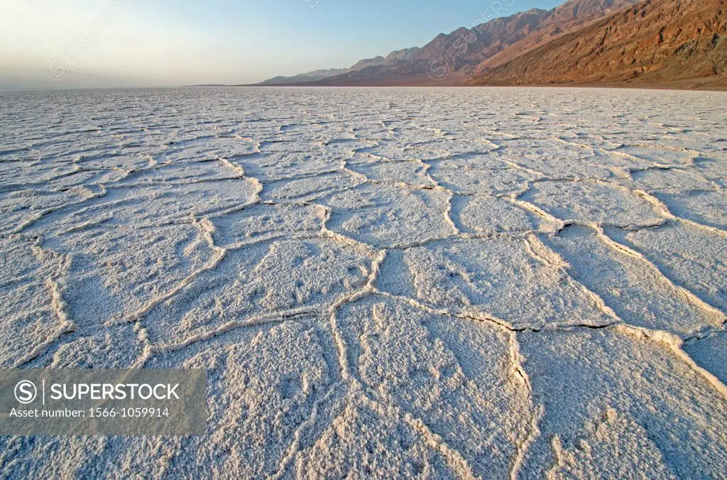 Death Valley, The salt pan at sunset in Badwater Basin at Death Valley National Park in eastern California