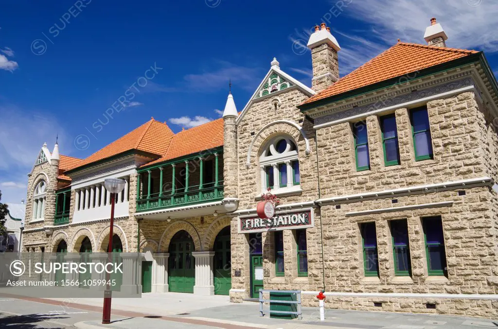 Fire Brigade No 1 Station opened in 1901, built from limestone with Romanesque Revival influences, Perth, Western Australia