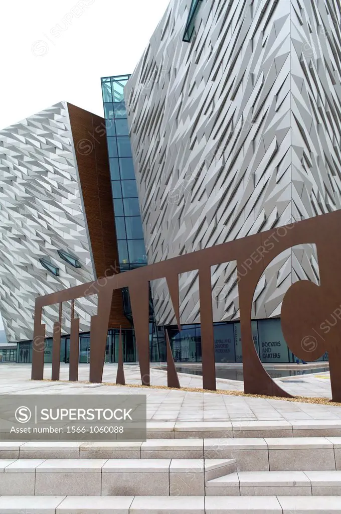View of the main entrance and sign  Titanic Belfast is a visitor attraction and a monument to Belfasts maritime heritage on the site of the former Ha...