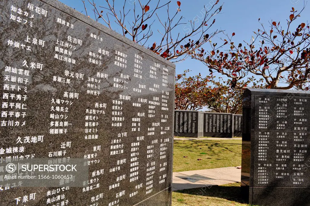 Okinawa, Japan: victims names at the Peace Memorial, to remember the many Japanese people that committed suicide during the American invasion Okinawa...