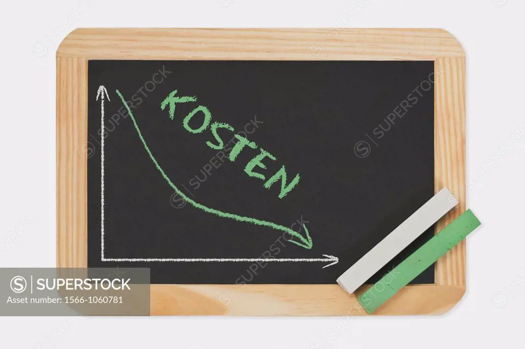 Detail photo of a chalkboard. A chart with an declined curve on this. On the chalkboard is the word costs Kosten in German language written. Green and...