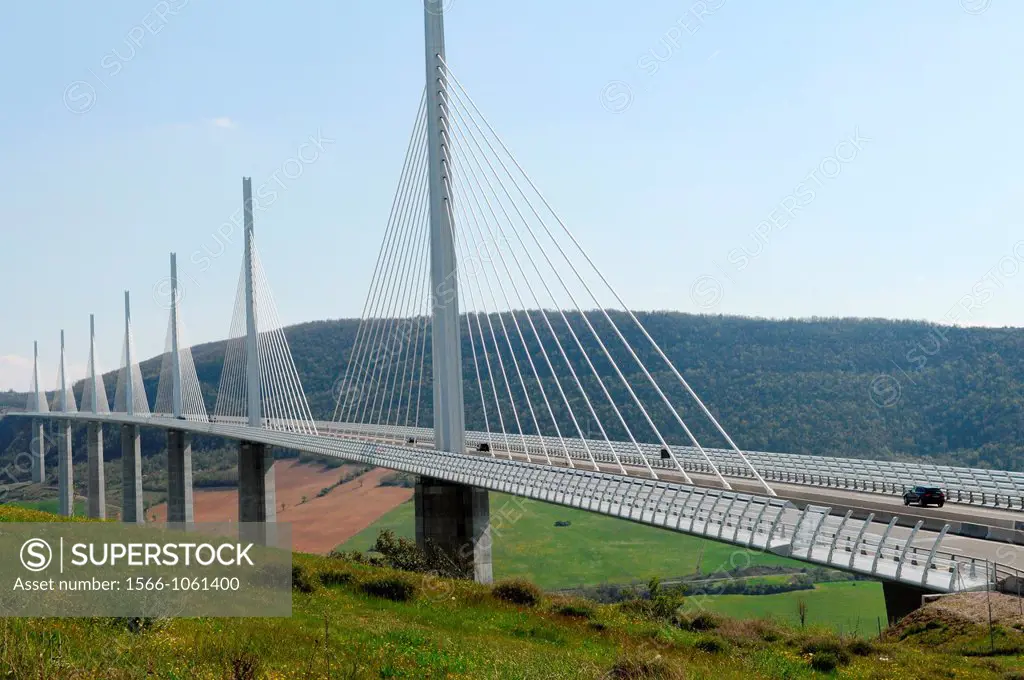 The Millau Viaduct, le Viaduc de Millau, cable-stayed road-bridge, valley of the river Tarn near Millau, designed by the French structural engineer Mi...
