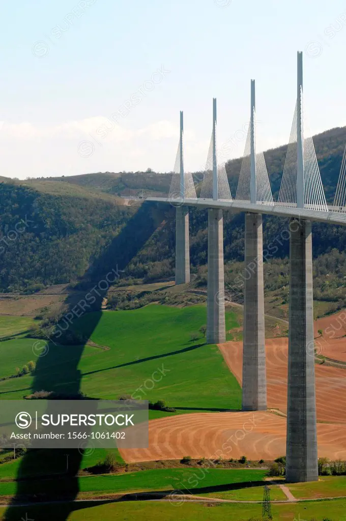 The Millau Viaduct, le Viaduc de Millau, cable-stayed road-bridge, valley of the river Tarn near Millau, designed by the French structural engineer Mi...