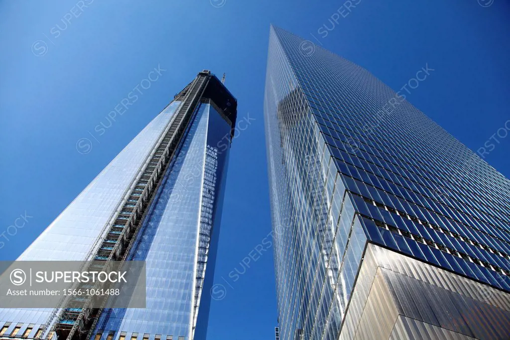 One World Trade Center formerly known as the Freedom Tower under construction in the new World Trade Center complex with Seven World Tread Center buil...