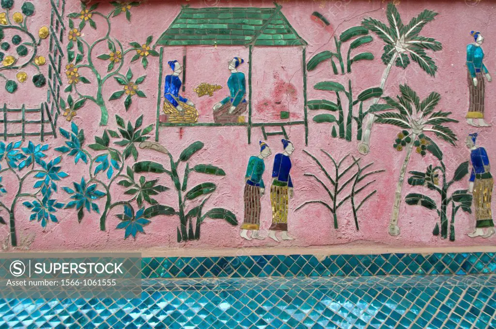 Mirrored mosaics at the Reclining Buddha shrine Red Chapel, Wat Xieng Thong, Luang Prabang, Laos