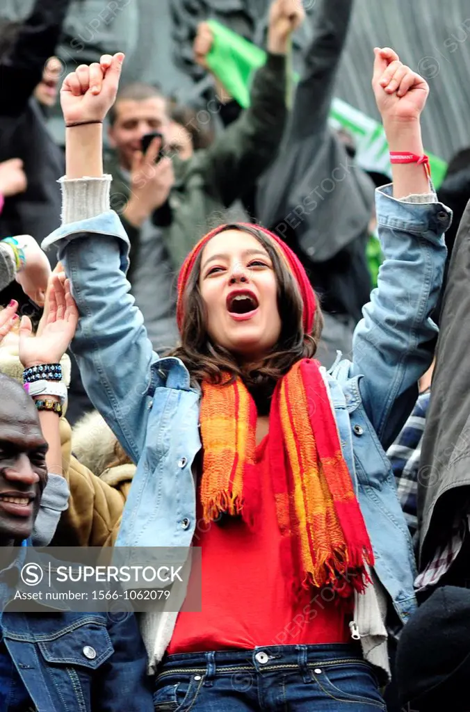 People celebrate François Hollande victory at the Bastille Square in Paris,France,Europe
